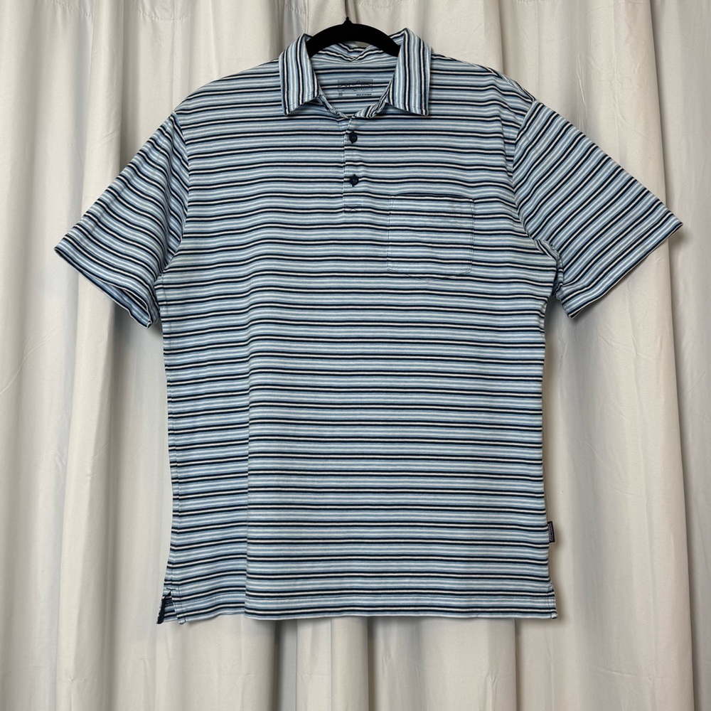 Patagonia Squeaky Clean Polo Mens Medium Organic Cotton Blue Stripe Pocket Shirt